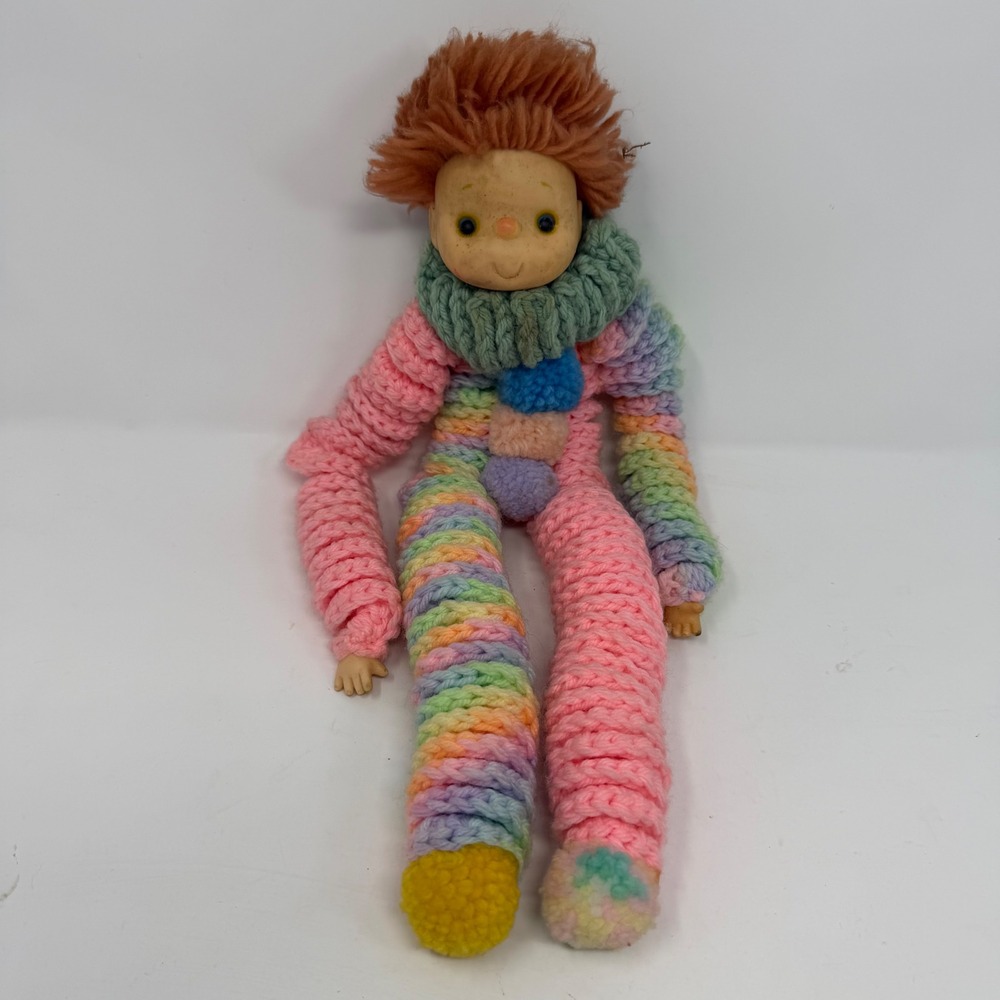 Vintage Handmade Crochet Clown Doll Pink Rainbow Spiral Limbs Vinyl Face 18"